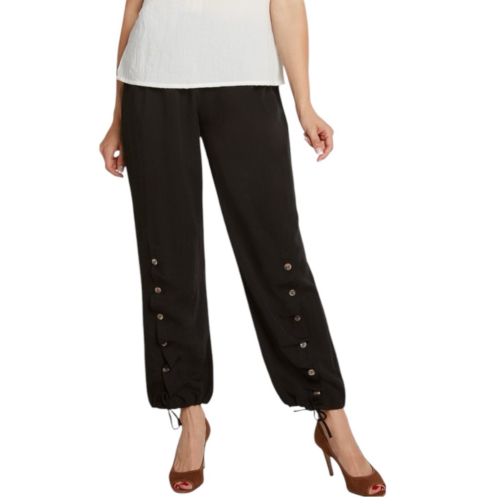 Fridaze Linen Redefined Ripple Tide Linen Pants Ankle Length in Black Small